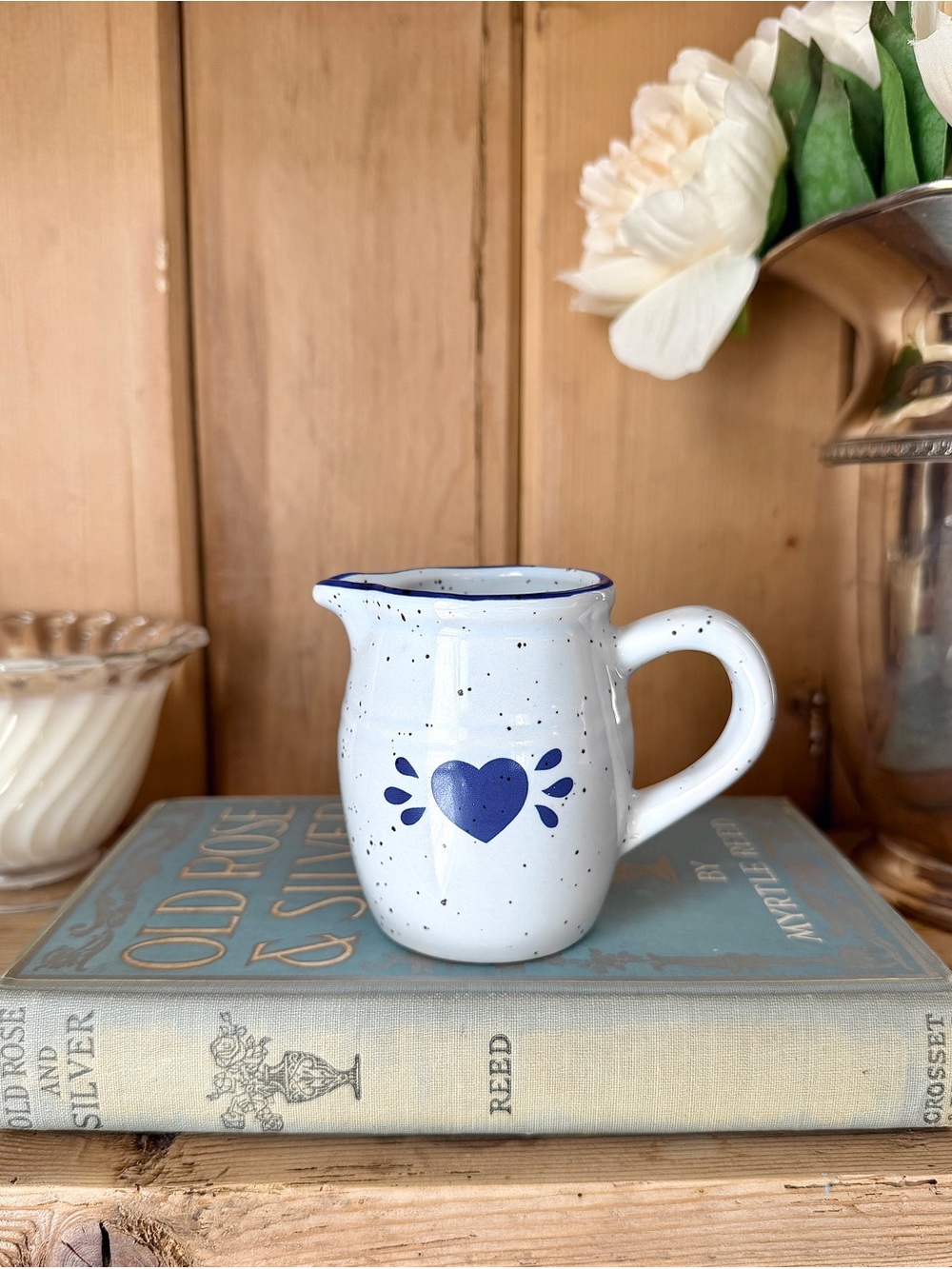 Vintage Speckled Stoneware Creamer with Blue Heart Accent